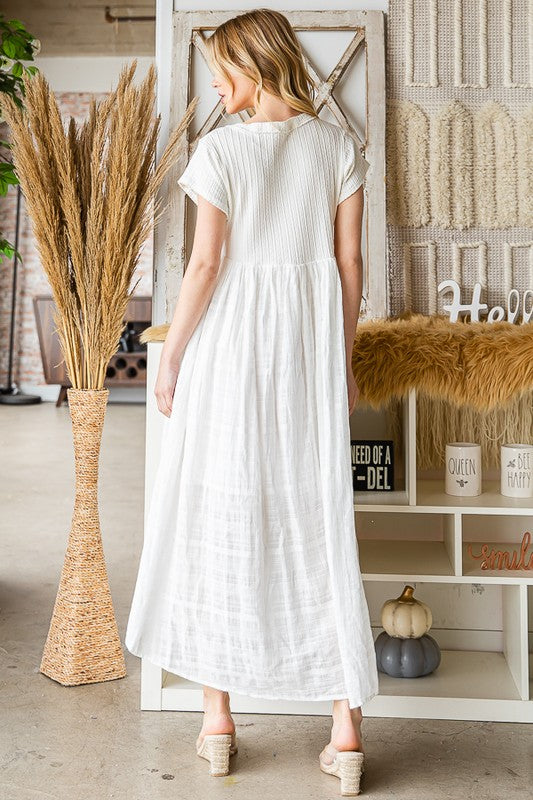 WASHED CROCHET TRIM FLARE HEM MIDI DRESS