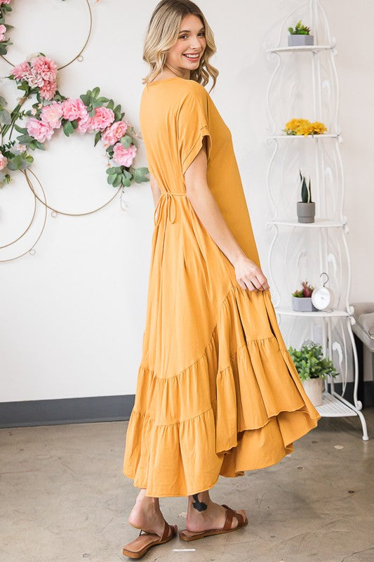 WASHED RUFFLE TIERED HEM SHORT SLEEVE MIDI DRESS