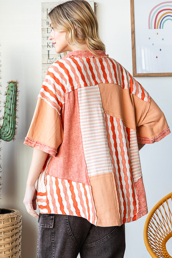 WASHED COLORBLOCK CONTRAST SHORT SLEEVE SHIRT