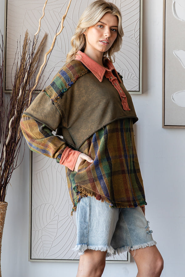 MIX MEDIA COLLARED NECK FRAY HEM LONG SLEEVE SHIRT