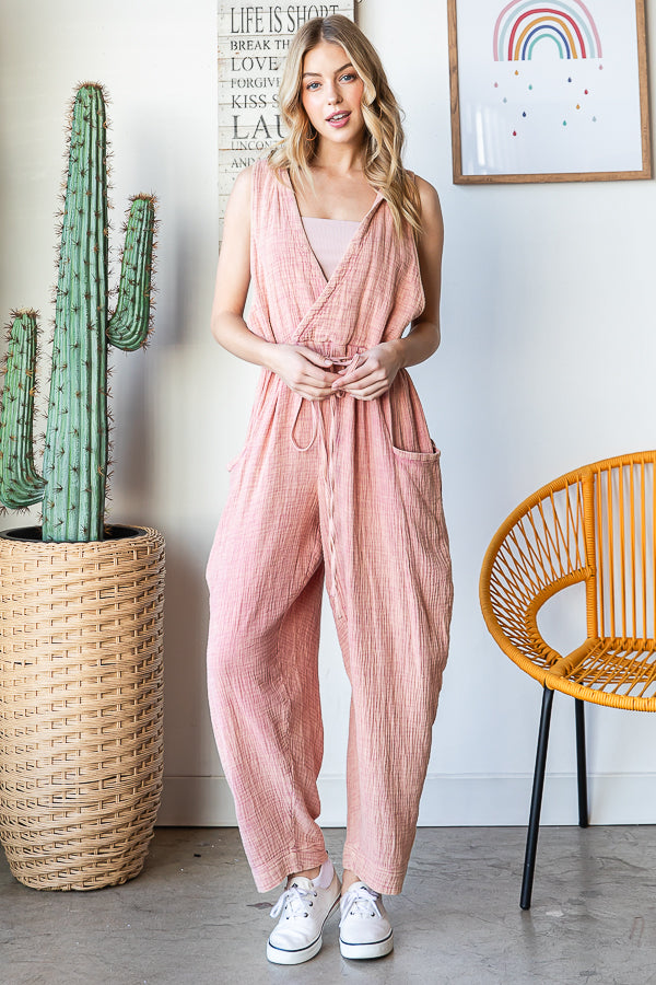 WASHED DRAWSTRING HOODED TIE WAIST LOOSE JUMPSUIT