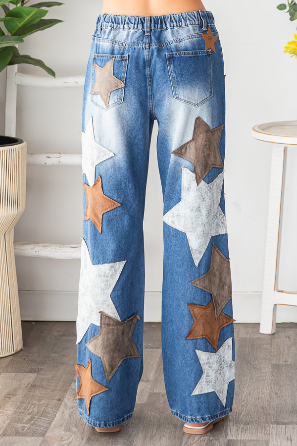 WASHED PU LEATHER STAR PATCHED JEANS