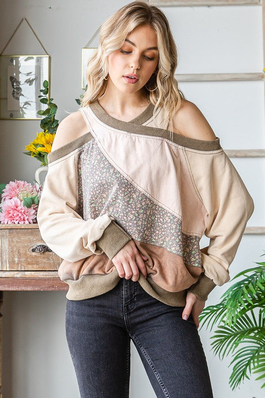 WASHED MIX MEDIA CUTOUT SHOULDER PULLOVER TOP