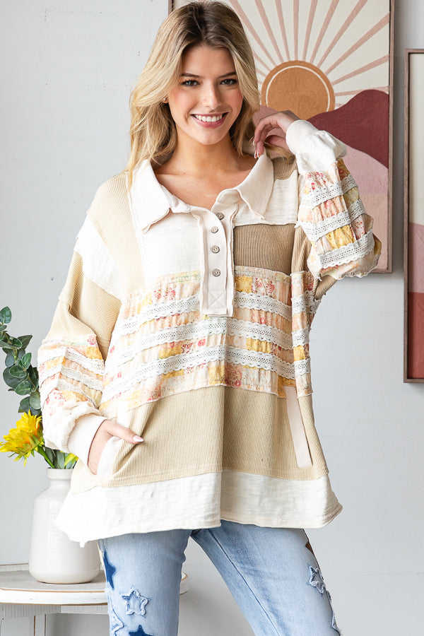 WASHED MIXED FABRIC BUTTON COLLAR LONG SLEEVE TOP