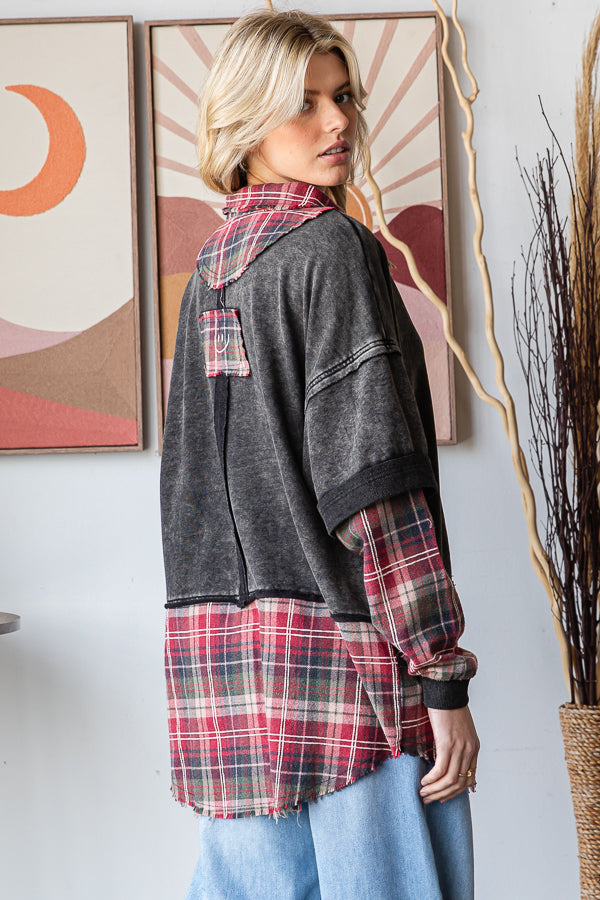 WASHED PLAID CONTRAST MIX MEDIA SHIRT