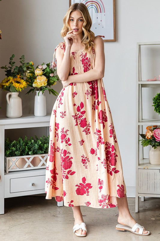 PRINTED TIE STRAPS SMOCKED FRONT MAXI DRESS