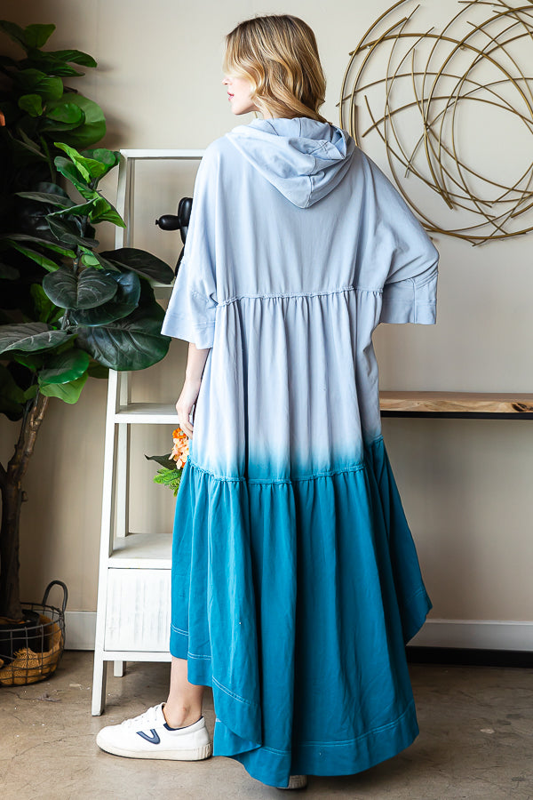 DIP DYE SHORT SLEEVE HOODED ZIP UP LONG CARDIGAN