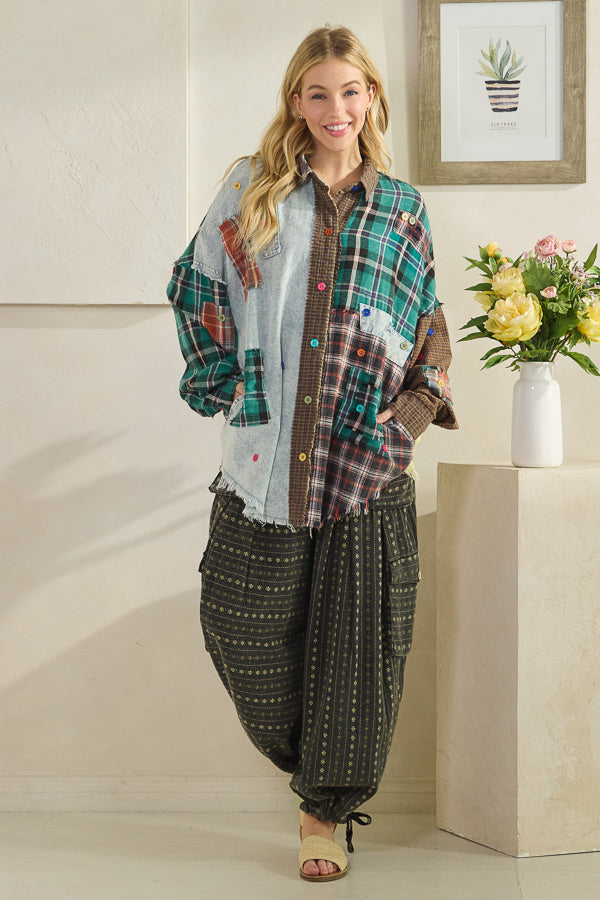 COLORBLOCK PATCHWORK PLAID BUTTON DOWN SHIRT