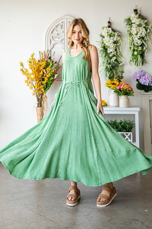 WASHED SLEEVELESS TIE WASIT FLARE HEM MAXI DRESS