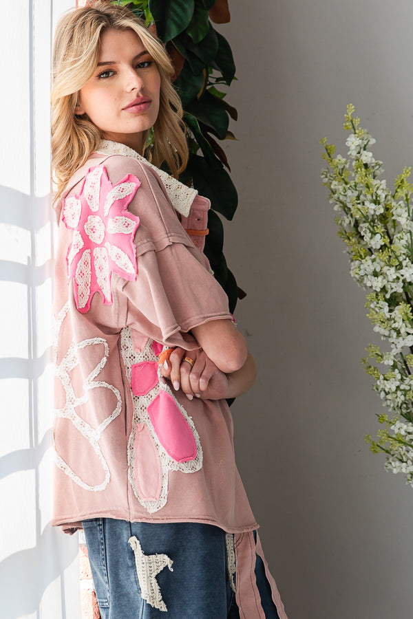 WASHED FLOWER PATCHWORK COLLARED TOP