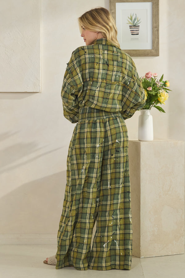 WASHED PLAID SMOCKED WAIST WIDE LEG PANTS