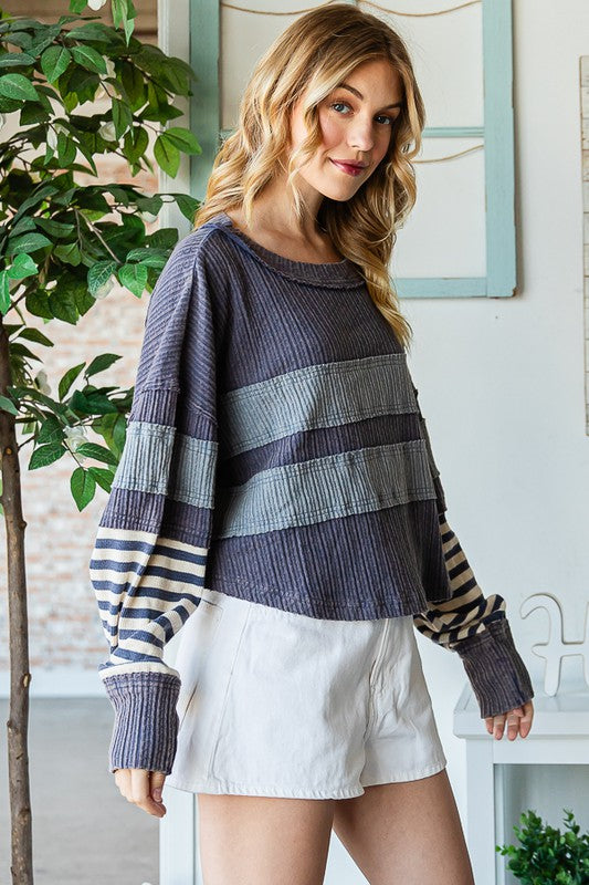 MIX MEDIA STRIPED DETAIL LONG SLEEVE PULLOVER