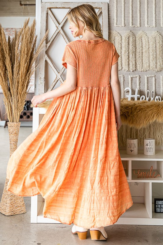 WASHED CROCHET TRIM FLARE HEM MIDI DRESS