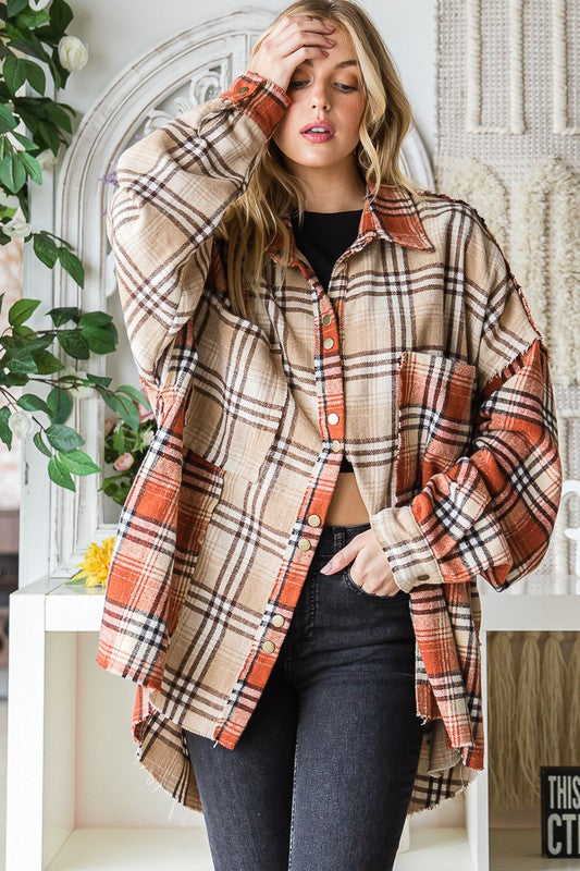 WASHED MIXED PLAID RAW HEM LONG SLEEVE SHIRT
