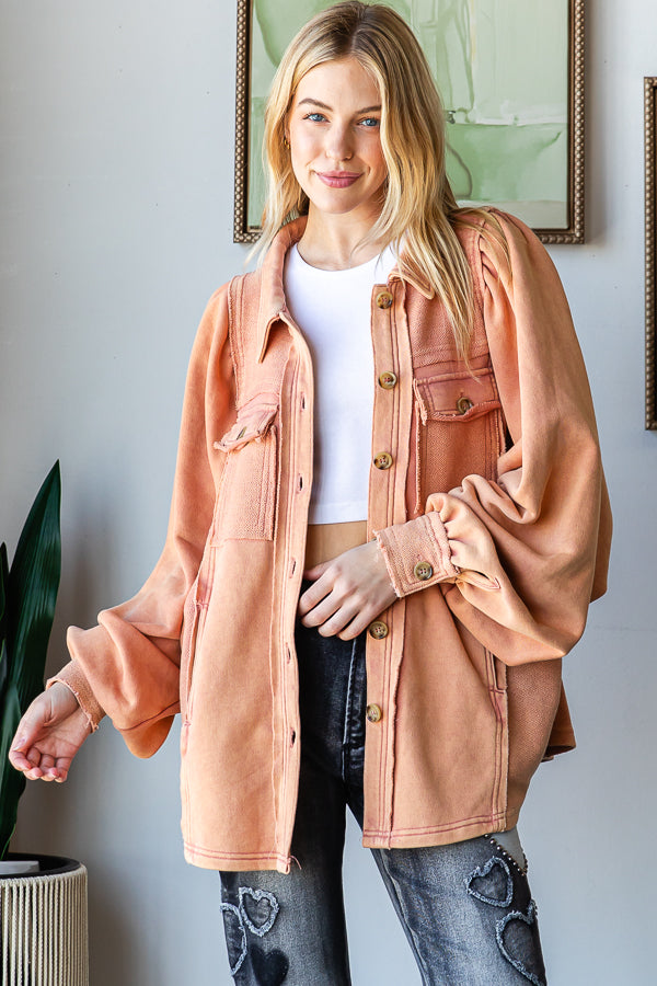 WASHED BALLOON SLEEVE BUTTON FRONT SHIRT JACKET