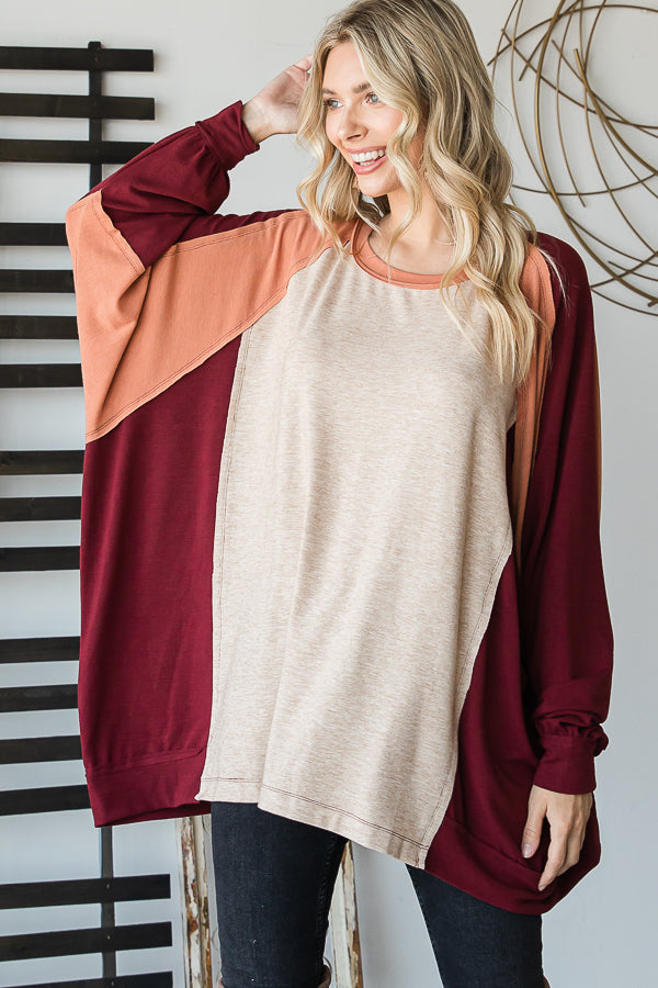 COLORBLOCK ROUND NECK LONG SLEEVE OVERSIZED TOP