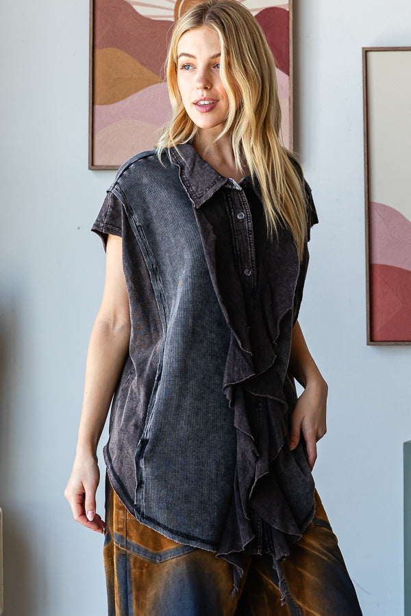 WASHED RUFFLE DETAIL FRONT BUTTON DOWN SHIRT
