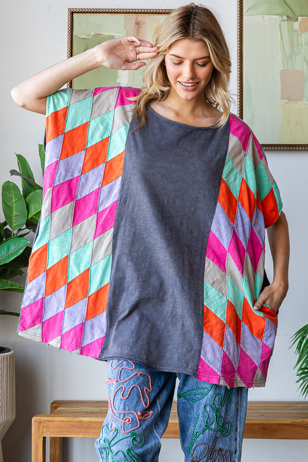 WASHED MULTICOLOR GEO PATCHWORK OVERSIZED TOP