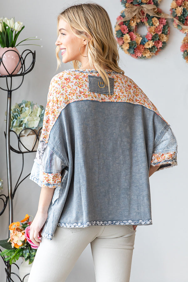 WASHED PRINT PATCHWORK SHORT SLEEVE TOP