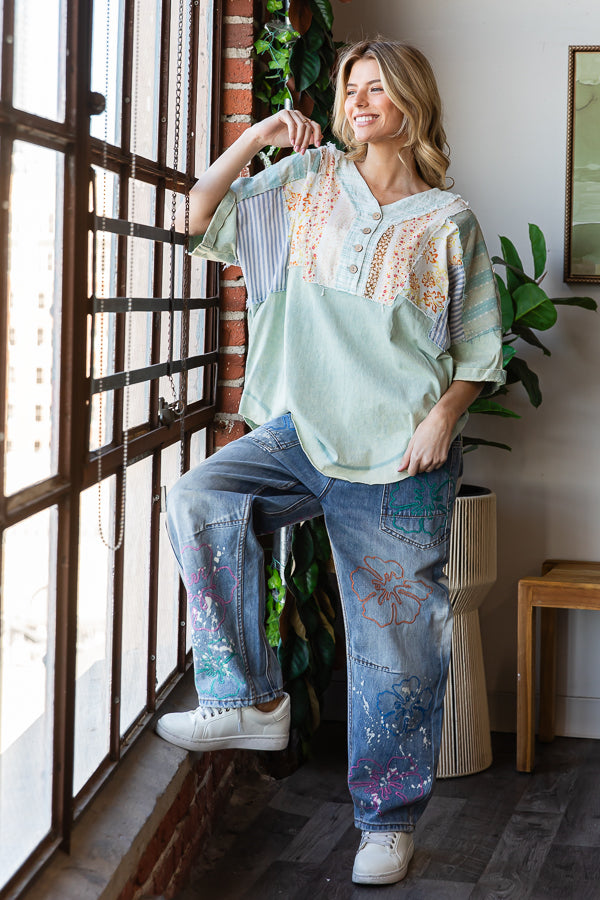 WASHED PRINTED HALF PLACKET HENLEY NECK SHIRT
