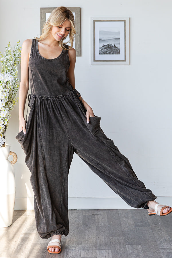 WASHED WIDE LEG DRAWSTRING DETAIL JUMPSUIT
