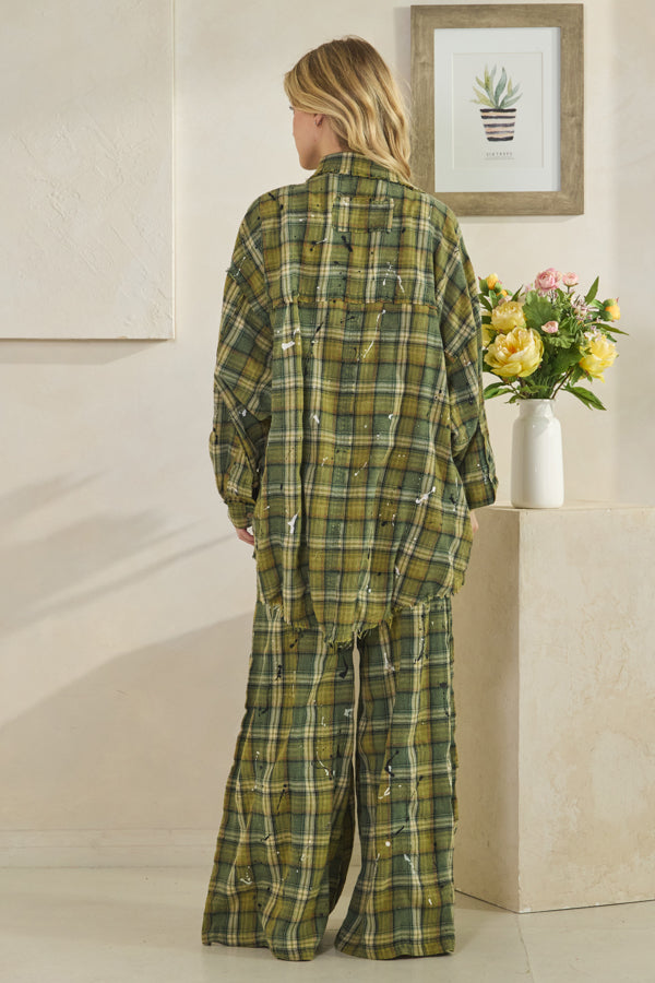 WASHED PLAID SMOCKED WAIST WIDE LEG PANTS