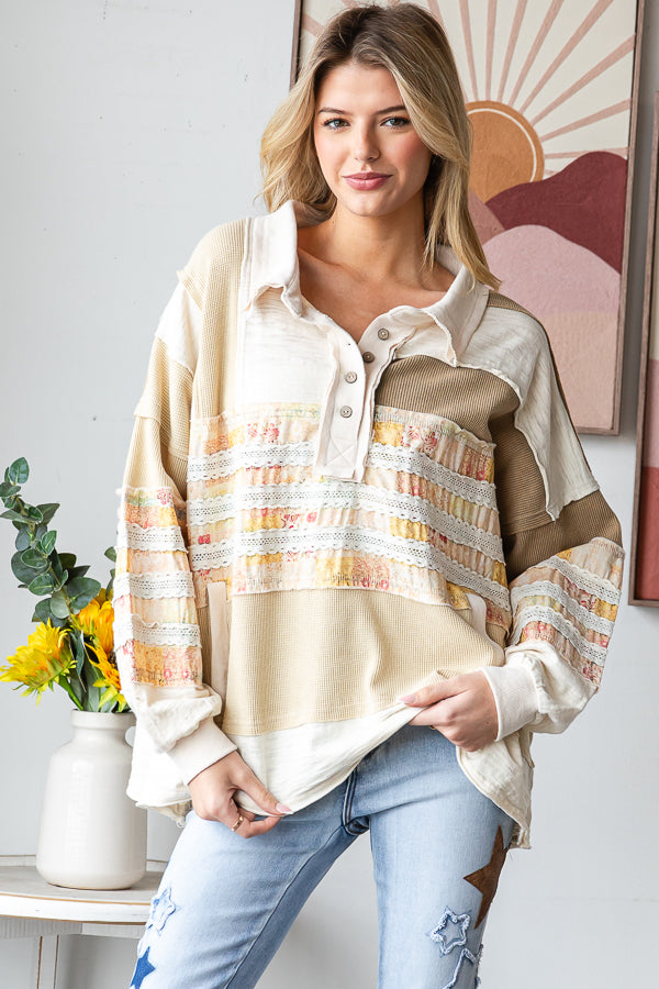 WASHED MIXED FABRIC BUTTON COLLAR LONG SLEEVE TOP