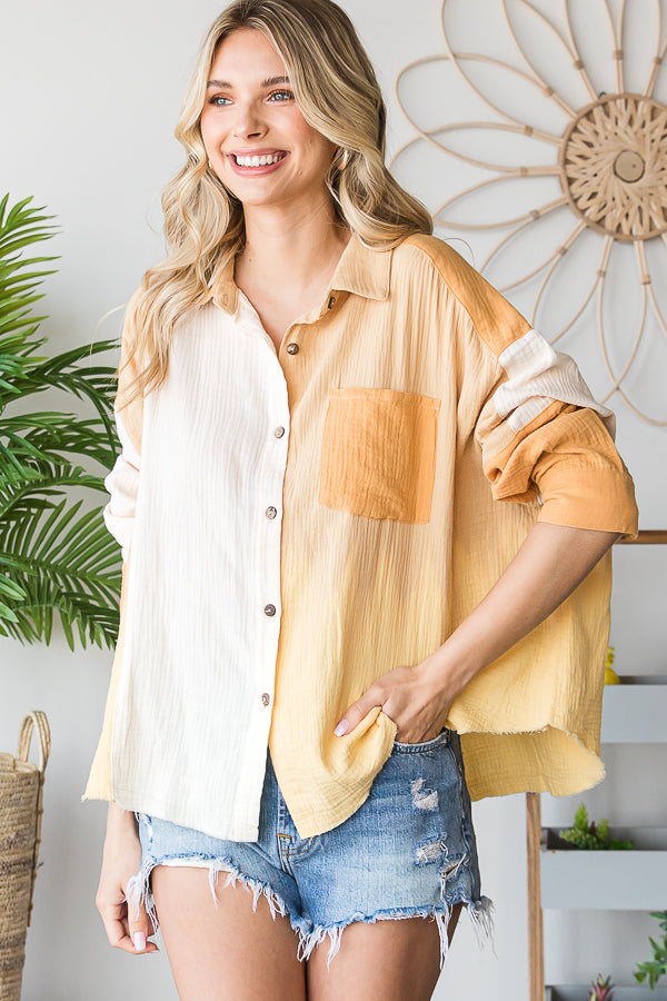 WASHED COLORBLOCK BUTTON DOWN SHIRT