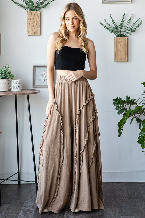 RUFFLE DETAIL WIDE LEG FLARE PANTS