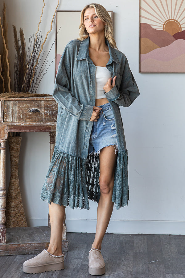 WASHED FLARE RUFFLE LACE HEM MIDI SHIRT DRESS