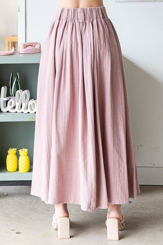 WASHED PLEATED DETAIL FLARE HEM MAXI SKIRT
