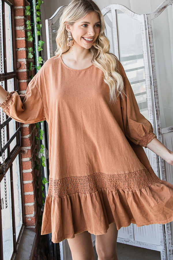 WASHED SMOCK DETAIL FLARE HEM OPEN BACK DRESS