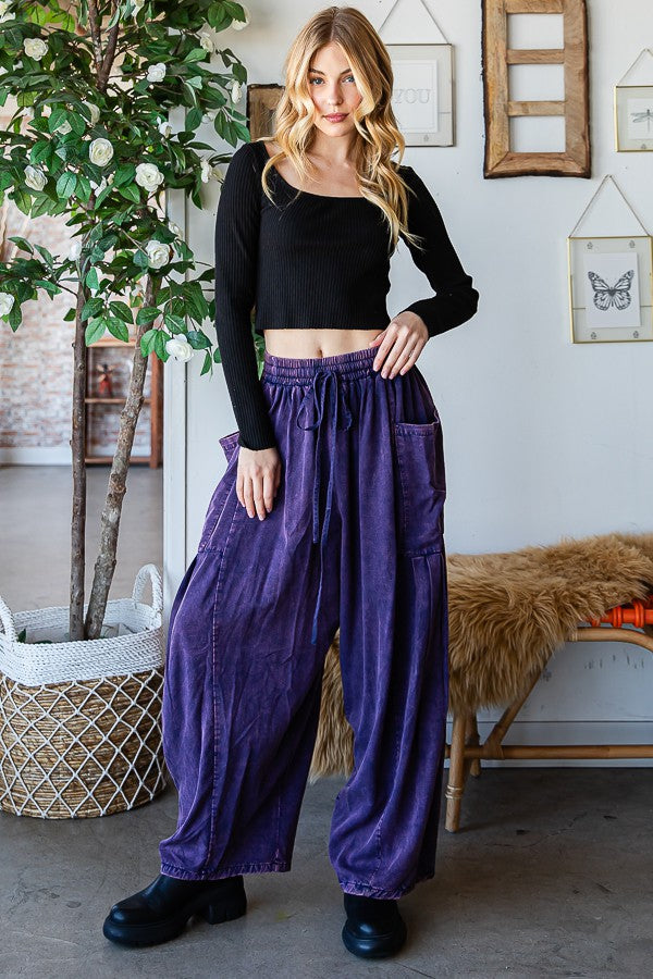 MINERAL WASHED DRAWSTRING WAIST WIDE LEG PANTS