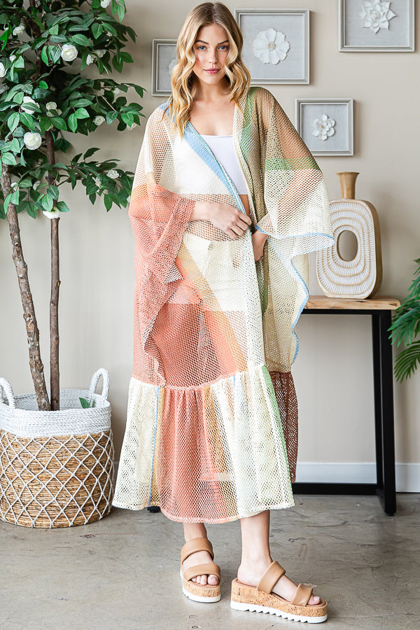 MULTICOLOR RUFFLE FLARE HEM KIMONO MESH CARDIGAN