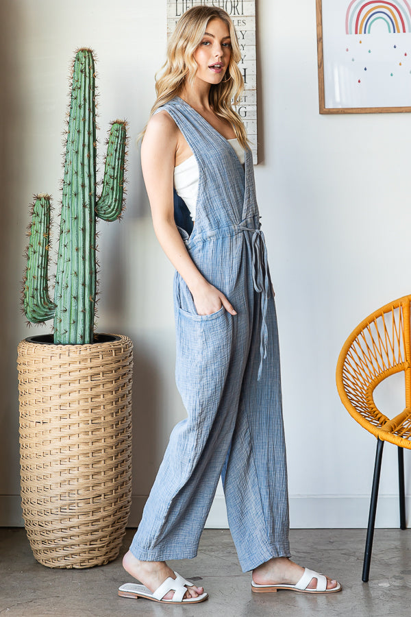 WASHED DRAWSTRING HOODED TIE WAIST LOOSE JUMPSUIT