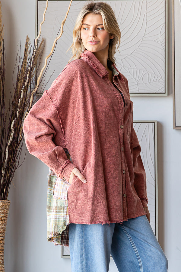 WASHED PLAID PACTHWORK BACK DETAIL SHIRT