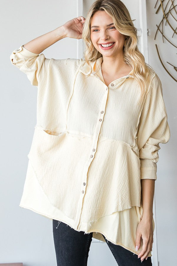 MINIERAL WASHED LAYERED HEM HOODED GAUZE SHIRT