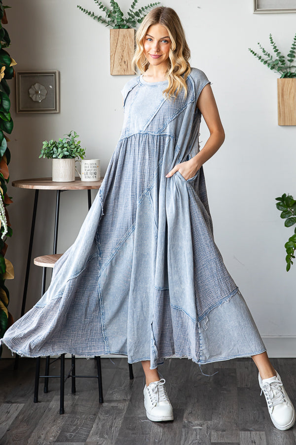 WASHED PATCHWORK DETAIL MIDI DRESS