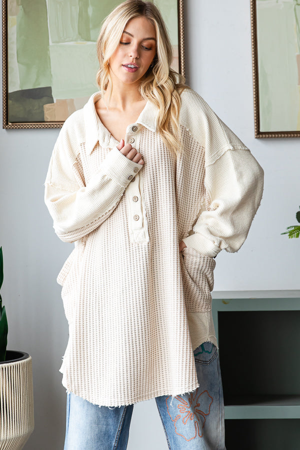 WASHED COLLARED NECK LONG SLEEVE WAFFLE TOP
