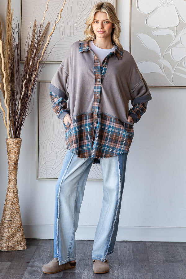 WASHED PLAID CONTRAST MIX MEDIA SHIRT