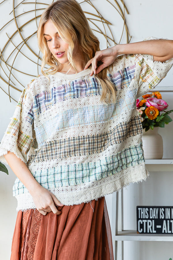 WASHED LACE INSERT PLAID MIX KNIT TOP