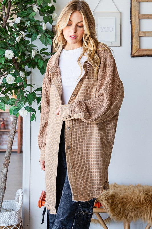 WASHED MIX MEDIA LONG SLEEVE FRAYED HEM SHIRT