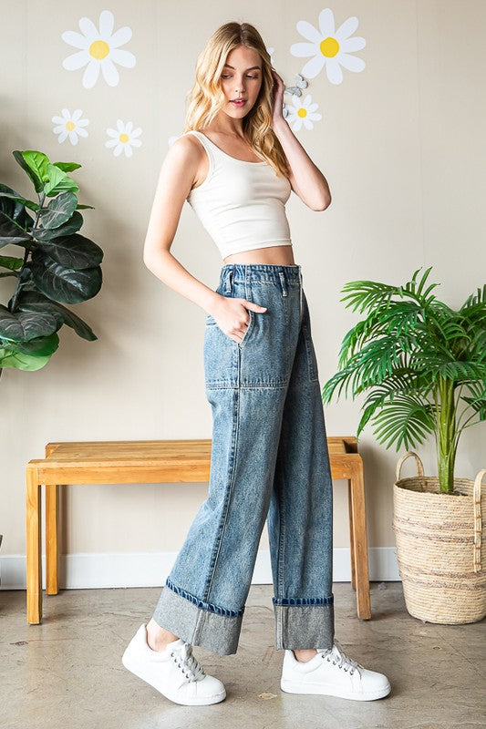 WASHED WIDE LEG STRAIGHT DENIM PANTS