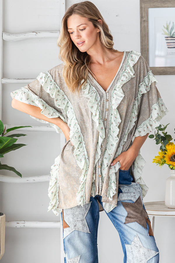 WASHED V NECK RUFFLE DETAIL MIX MEDIA BUTTON TOP