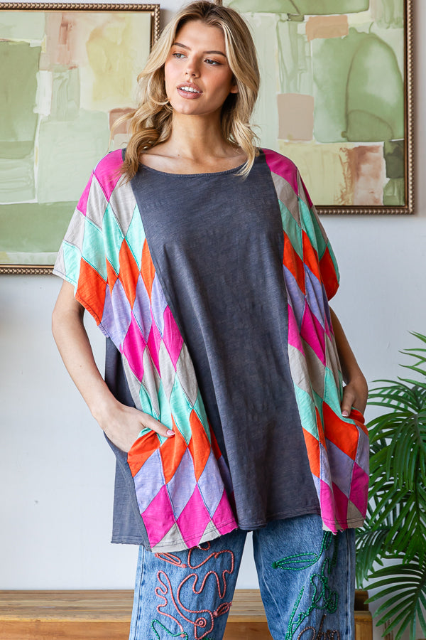 WASHED MULTICOLOR GEO PATCHWORK OVERSIZED TOP