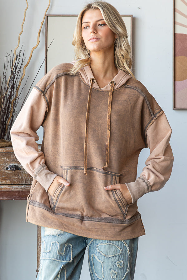WASHED DRAWSTRING HOODED PULLOVER TOP