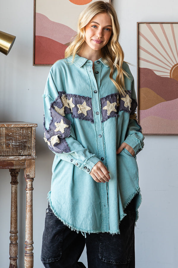 WASHED STAR PATCHWORK BUTTON DOWN SHACKET