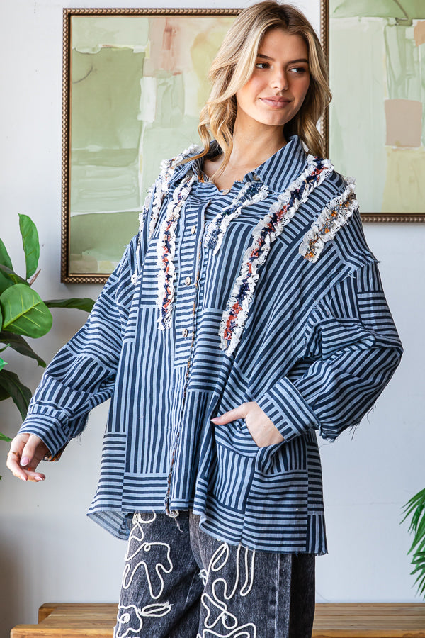 RUFFLE CONTRAST DETAIL STRIPED BUTTON DOWN SHIRT