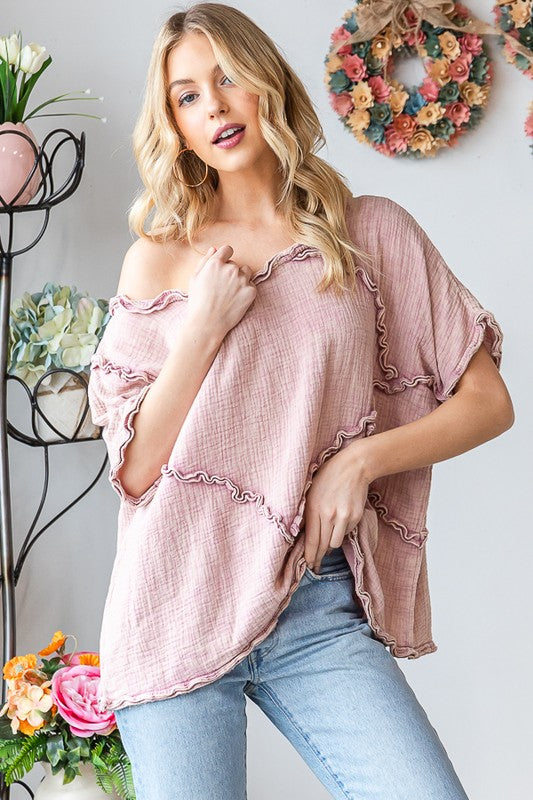 WASHED DOUBLE GUAZE RUFFLED DETAIL OVERSIZED TEE