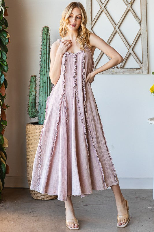 WASHED RUFFLE SEAM DETAIL TANK MIDI DRESS